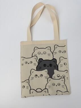Cat Tote Cream Gray Black Knit Book Bag